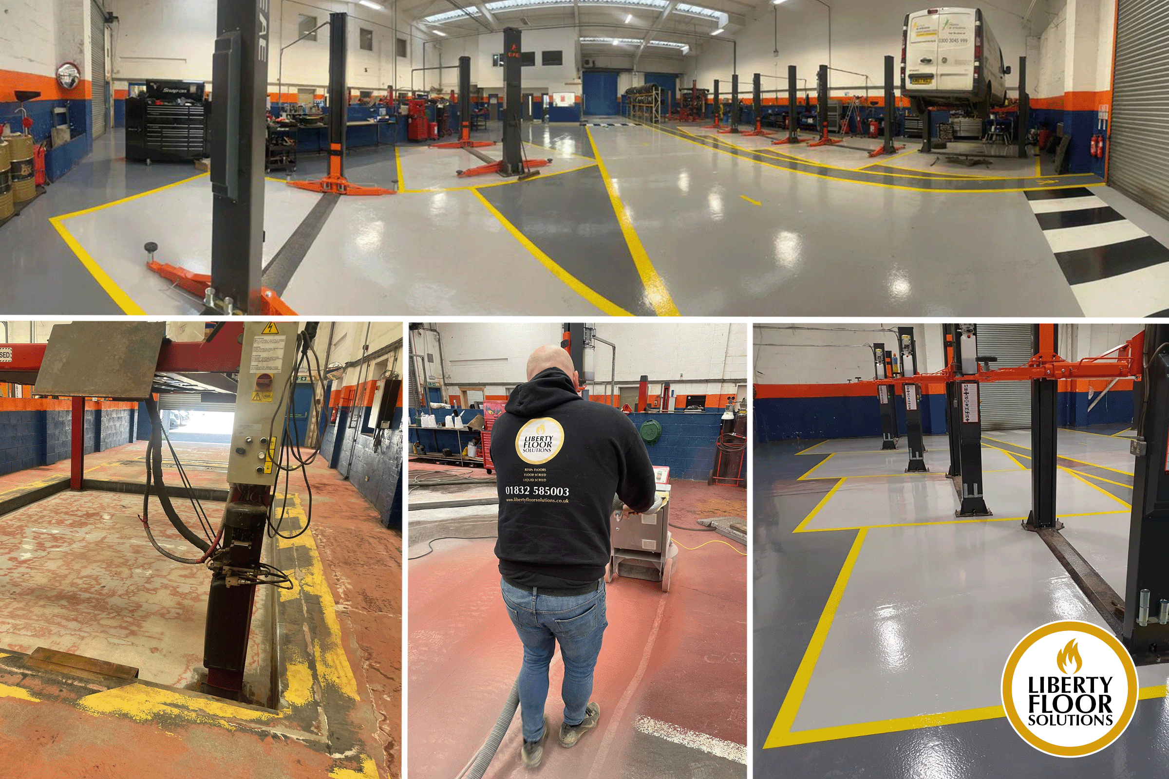 Split view of works in progress. Resin floor installation at a car repair garage, showing floor preparation to finished floor