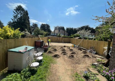 Wide shot of traditional screed for a patio / outside bar area in northamptonshire, showing the full garden