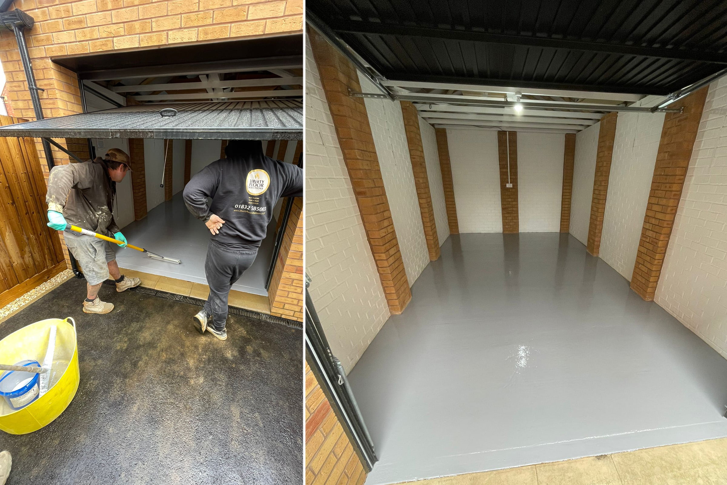 Split view of contractors installing a resin floor and the finished epoxy resin surface - Northampton