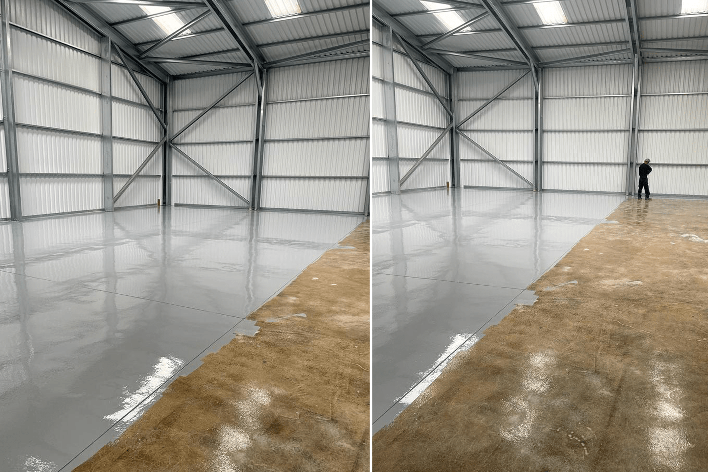 Grey epoxy resin coating is applied to a warehouse floor