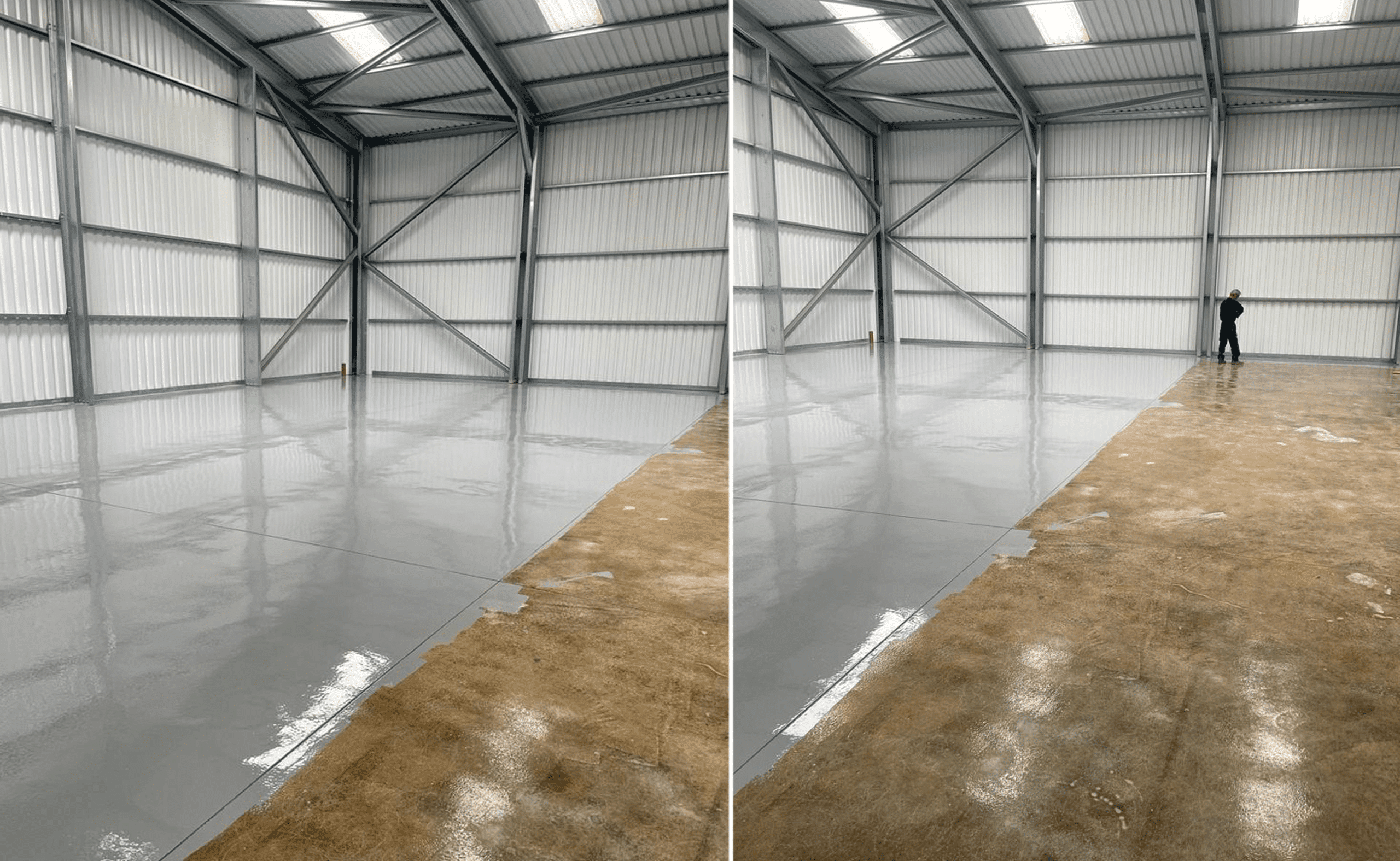 Warehouse at Glapthorn, Northants with Epoxy High build resin coating A grey epoxy high build resin coating is applied to a warehouse floor