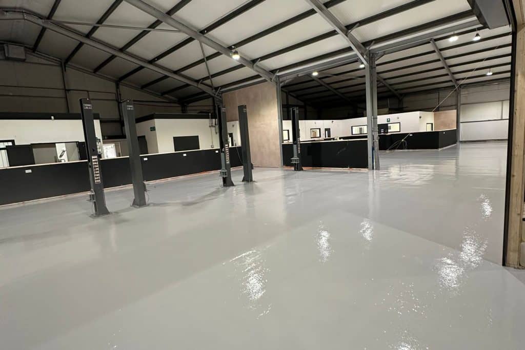 Shiny grey epoxy-coated industrial floor