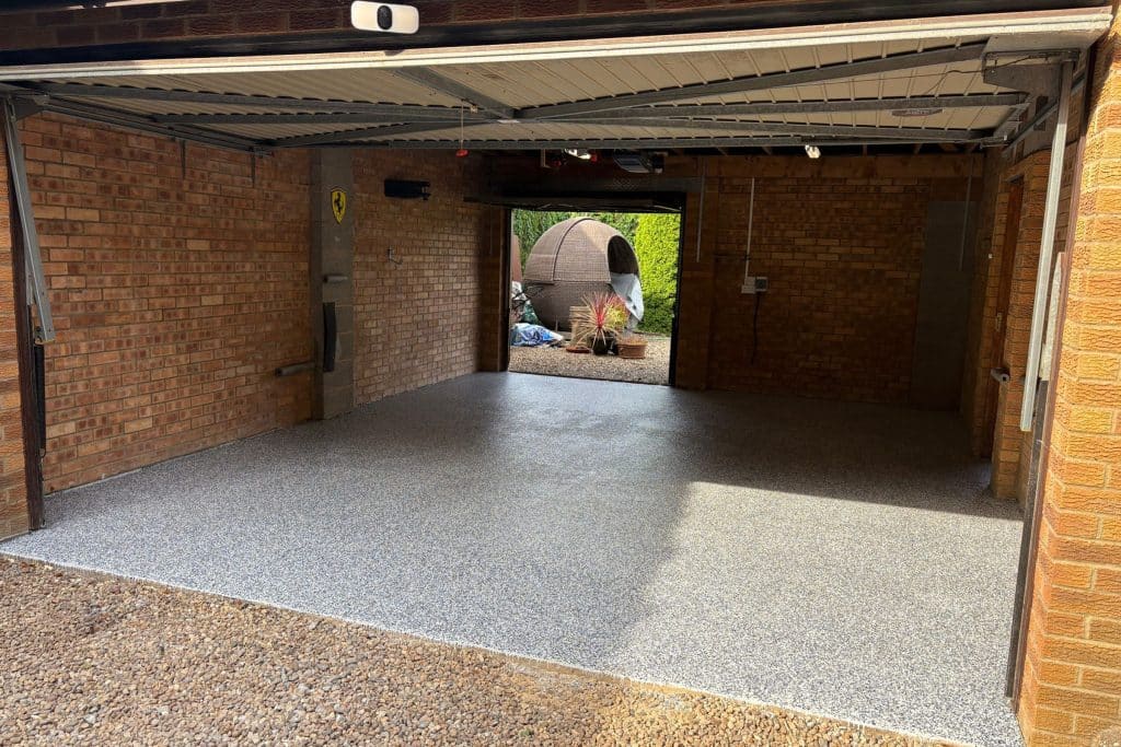 Clean garage with epoxy flake resin floor